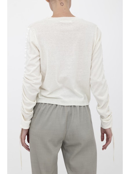 Elaine Kim Briar Organic Cotton Hemp Crew Neck Top with Ruched Sleeves and Grosgrain、mySite、noshort