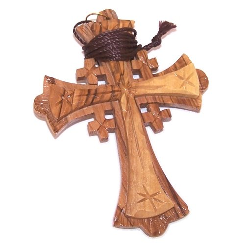  Large Grade A olive wood Jerusalem Cross necklace (4 inches - Cord can be adjusted)、mySite、elrpsem3k