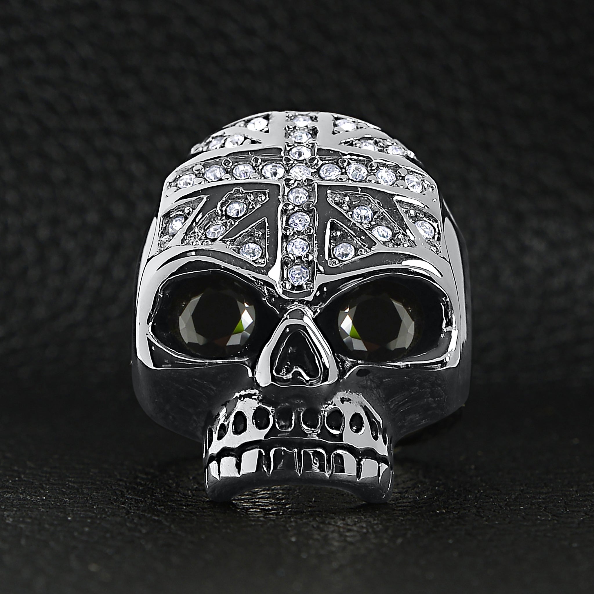 Stainless Steel Black CZ Eyed Skull With Clear CZ UK Flag Ring / SCR4022、mySite、dreamappss
