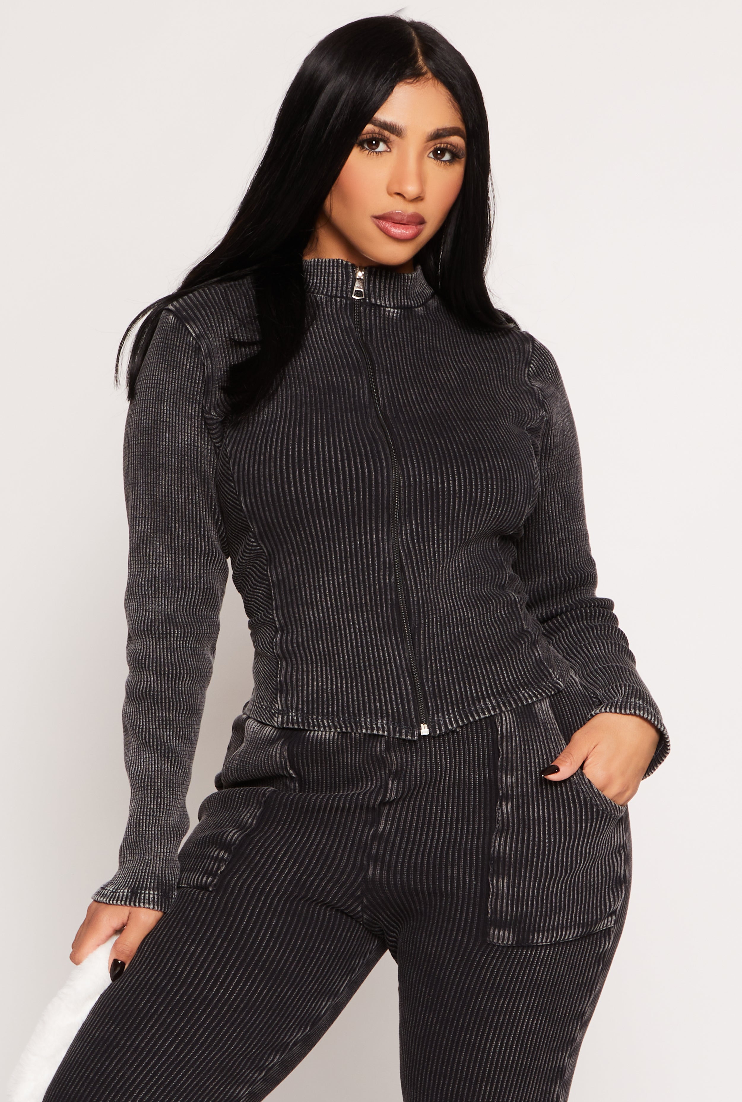 Acid Wash Rib Knit Zip Front Top、mySite、camillekostekn