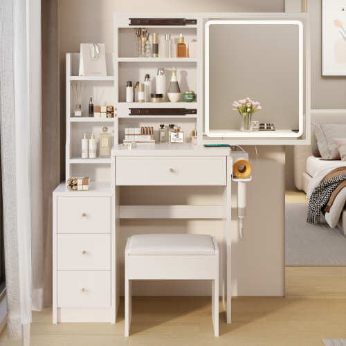 29.2" Small Size Left Bedside Cabinet Vanity Table + Cushioned Stool, Large Sliding, Touch Control, Tri-color Switching, Brightness Adjust LED Mirror, High Capacity Storage, Suitable for Small Space、、xpatfood