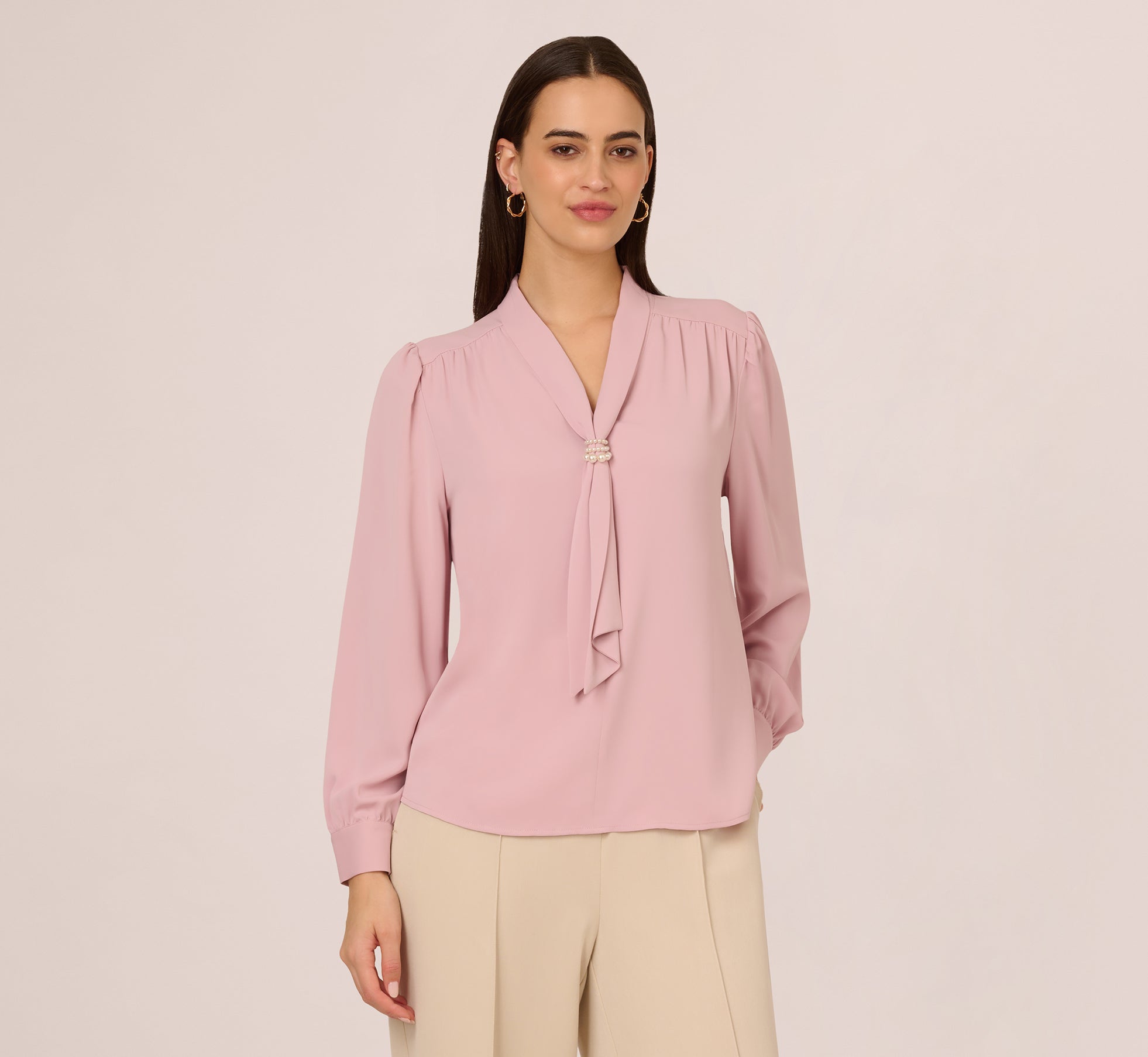 Long Sleeve Embellished Tie Collar Blouse In Lavender Beach、mySite、solidvoid