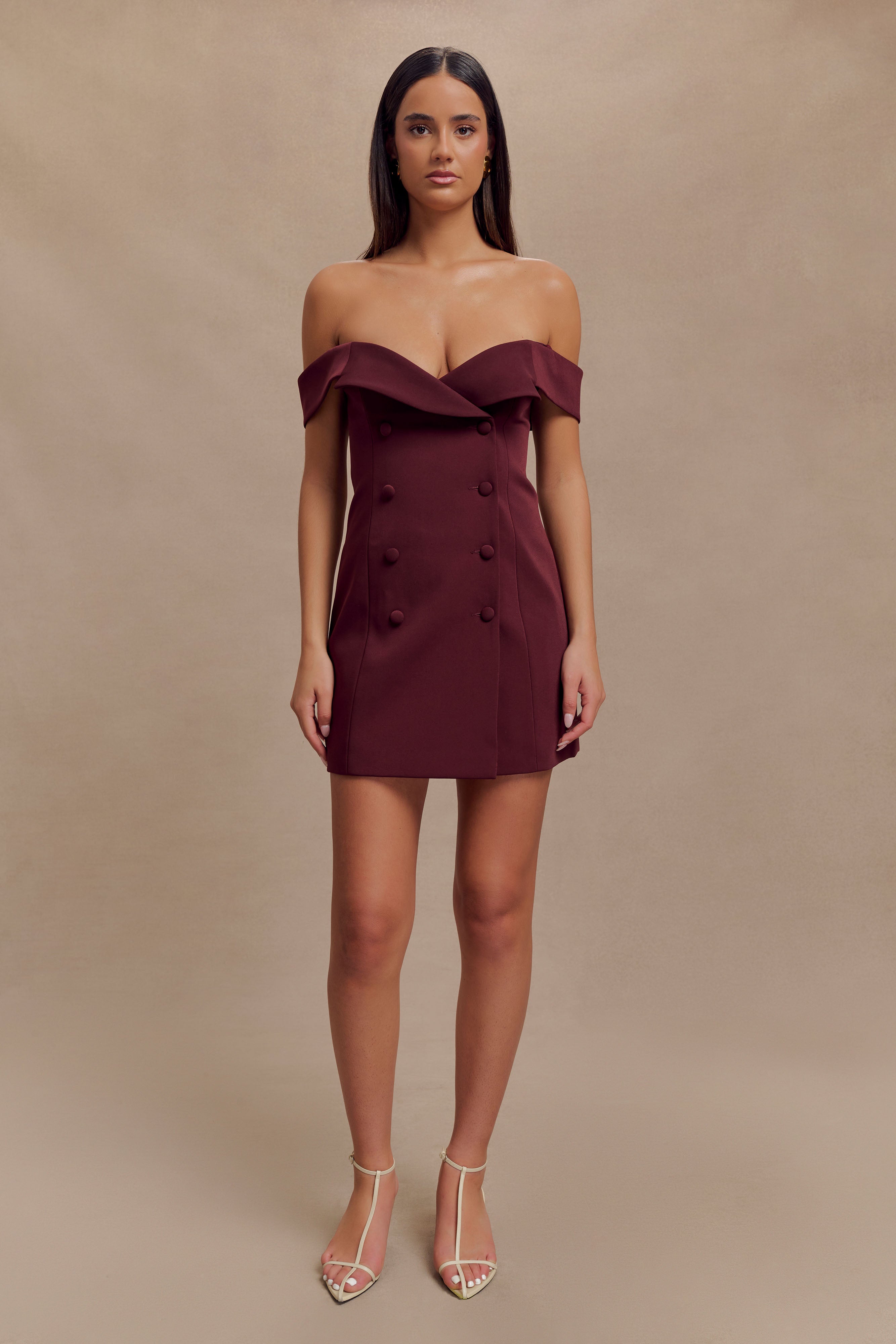 Noelle Off Shoulder Suiting Mini Dress - Mahogany、mySite、solidvoid