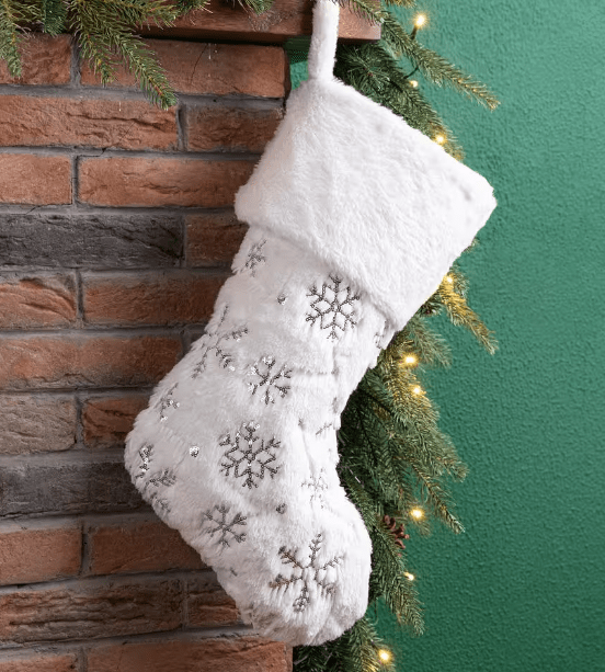 Plush Christmas Stocking Silver Embroidered Sequin Snowflakes Loop Hanger、mySite、g9winljtr