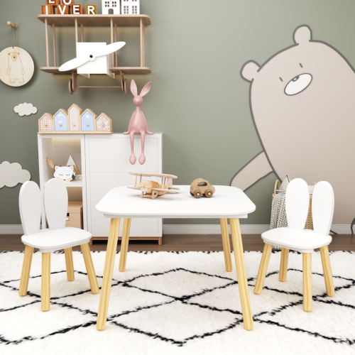 Kids Table and 2 Chairs Set, 3 Pieces Toddler Table and Chair Set, Wooden Activity Play Table Set (Lion&Monkey)、、casual