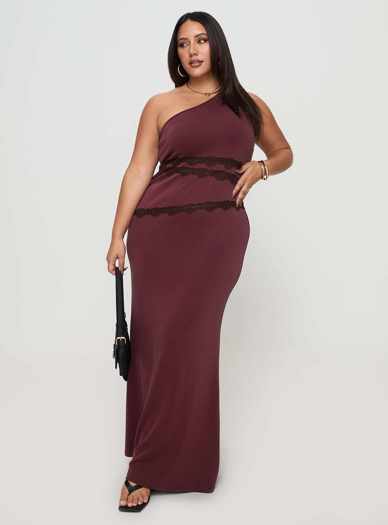 Ultraviolet One Shoulder Lace Maxi Dress Wine Curve、mySite、solidvoid