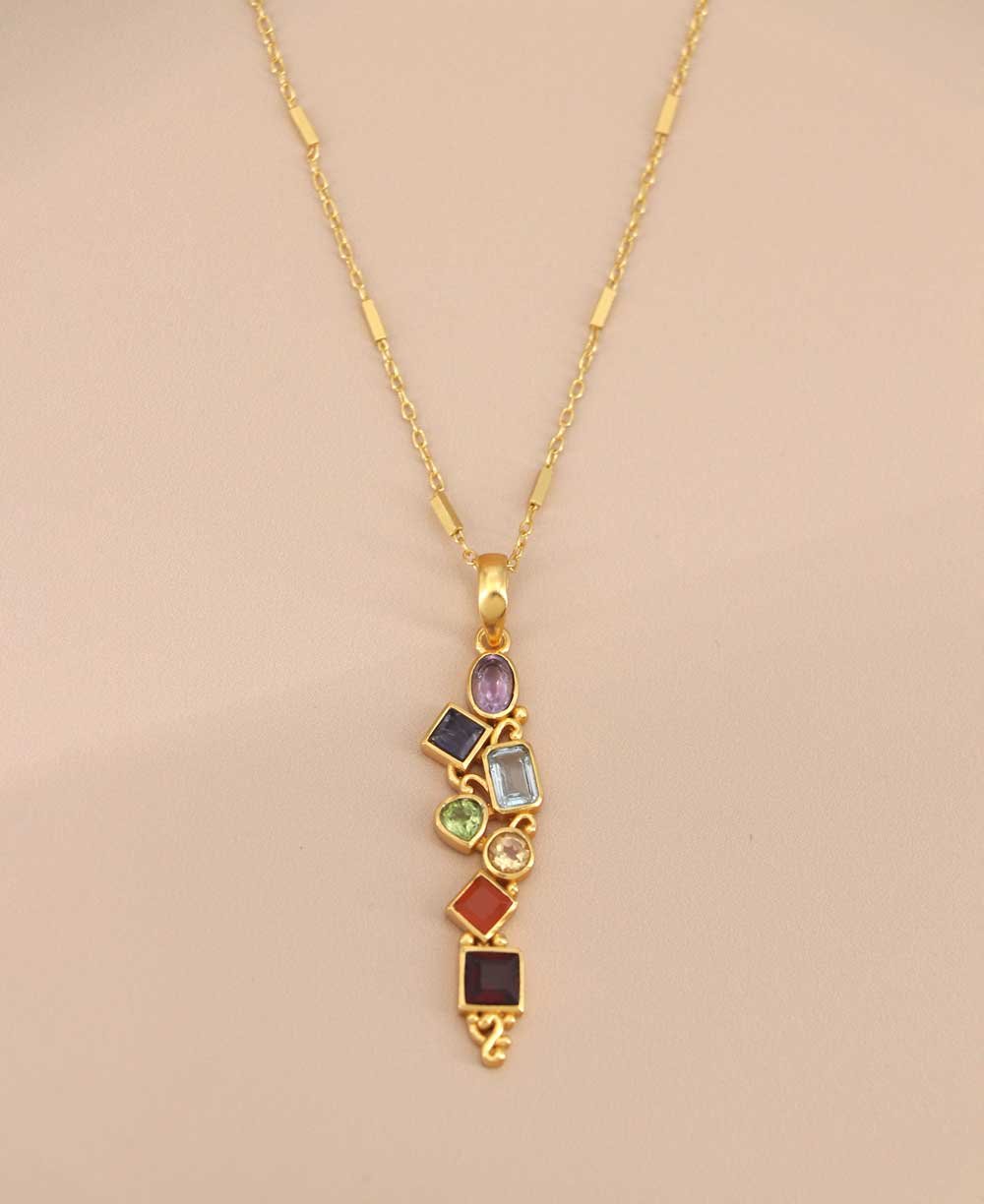 Mixed Geometry Chakra Gemstones Rainbow Gold Plated Necklace、mySite、topwebapps