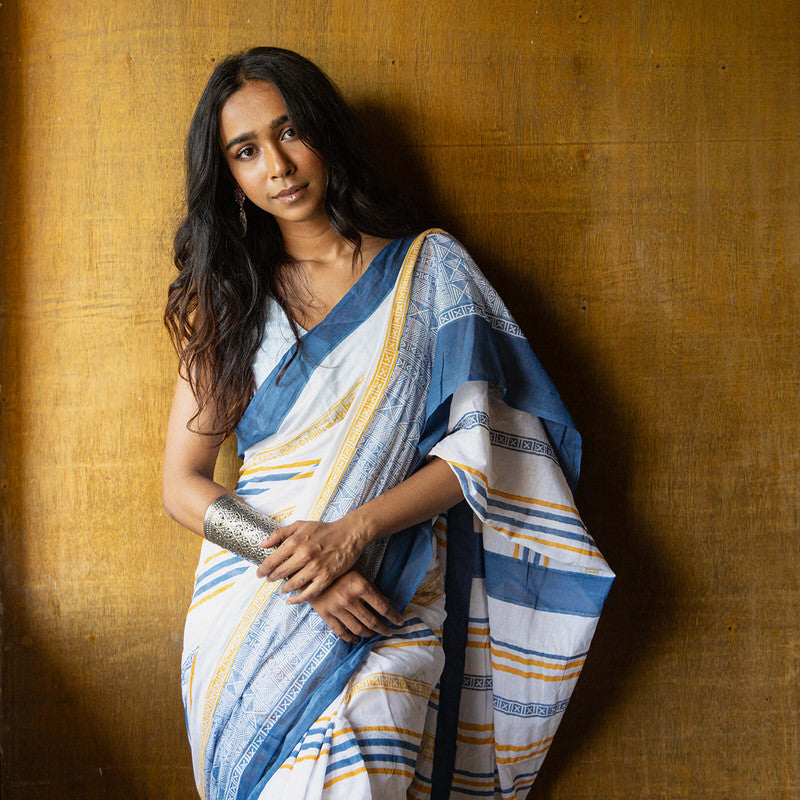 Cotton Printed Saree | Hand Block Print | White & Blue、mySite、camillekostekn