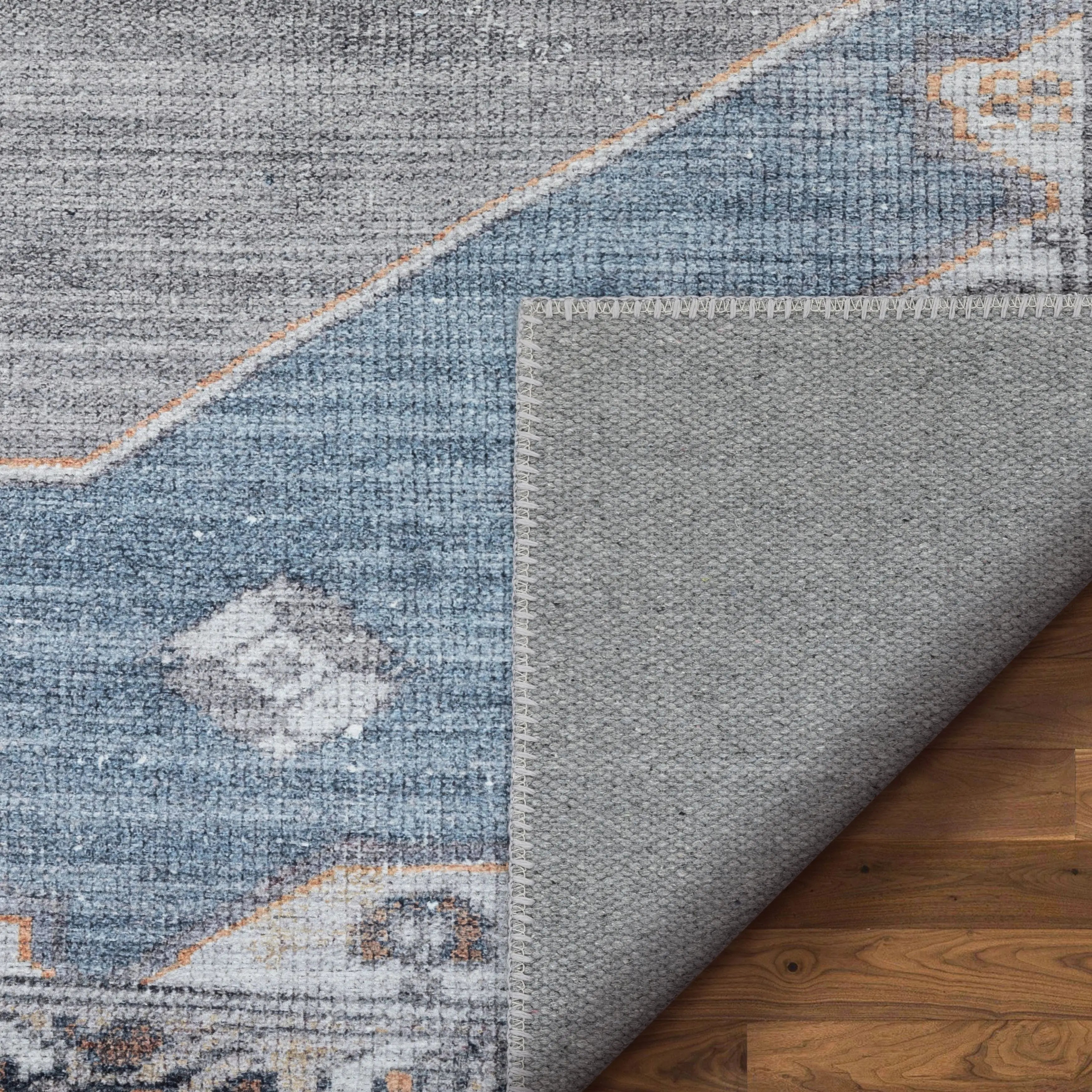 Cambria Machine Washable Vintage Medallion Oriental Light Blue Flat-Weave Distressed 5'3 x 7'3 Rug、mySite、gigharbornorthrealestate