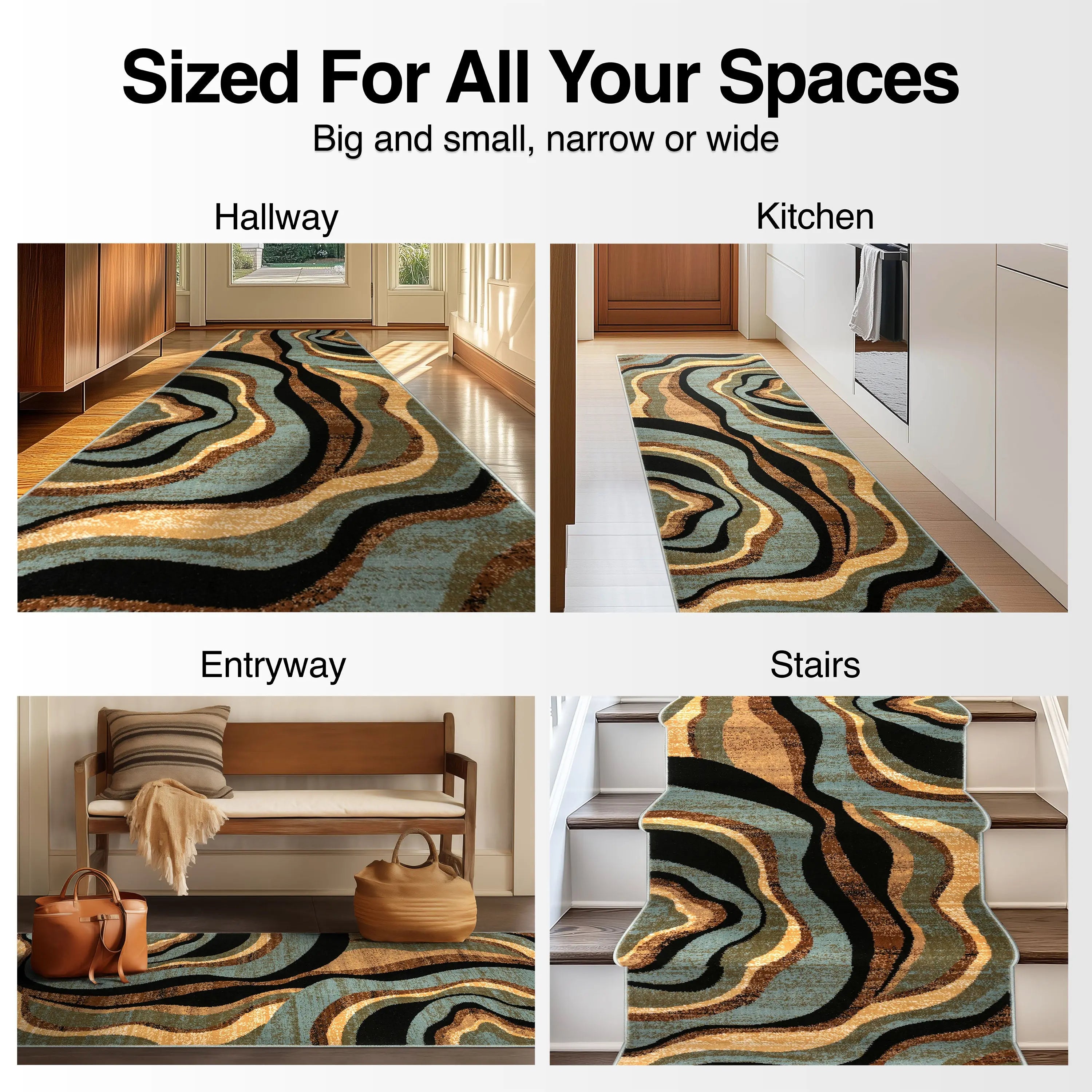 Nirvana Waves Custom Size Runner Modern Multi Blue 27 Inch Wide x Choose Your Length Hallway Runner Rug、mySite、gigharbornorthrealestate
