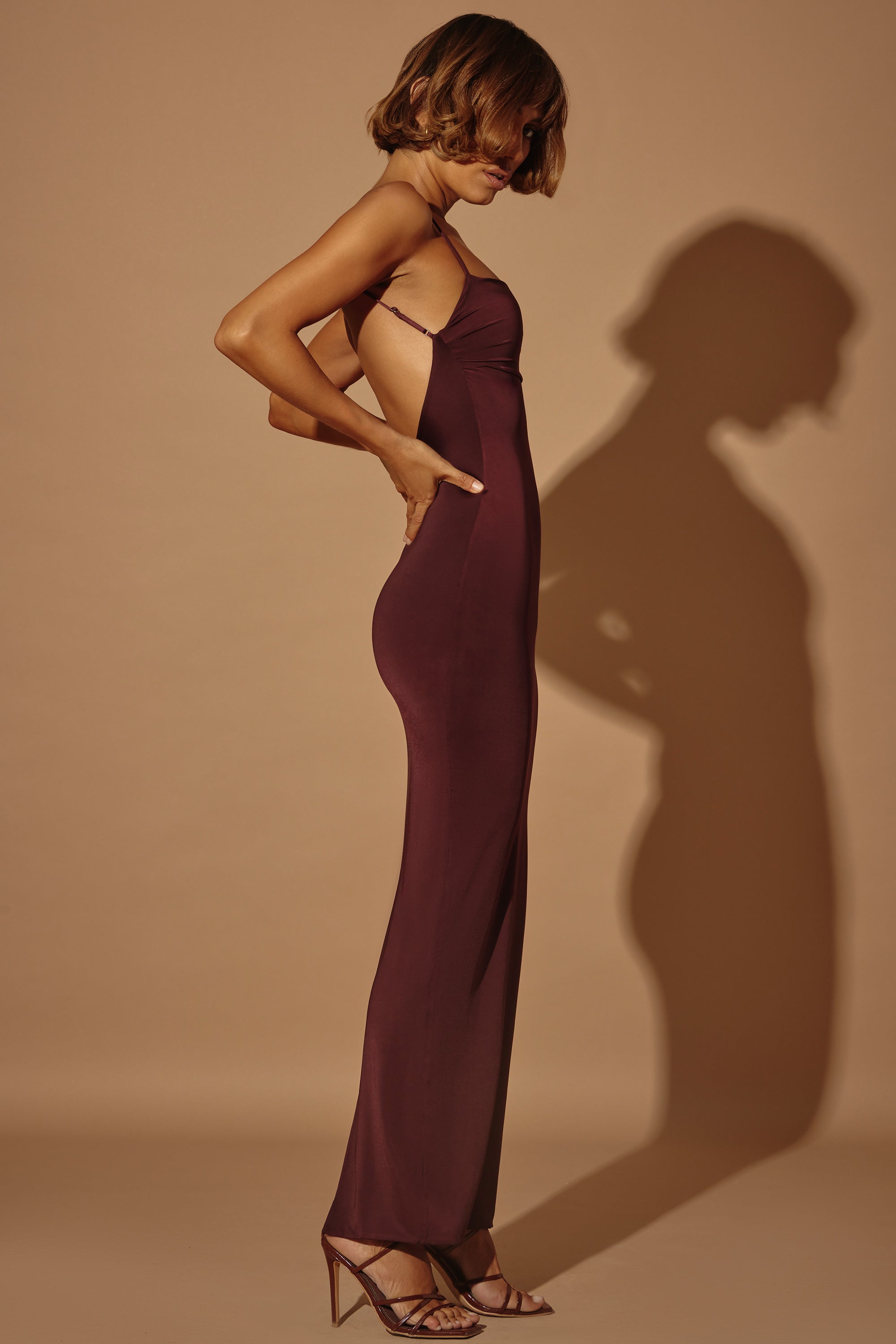 Ruched Bodycon Maxi Dress in Brown、mySite、solidvoid
