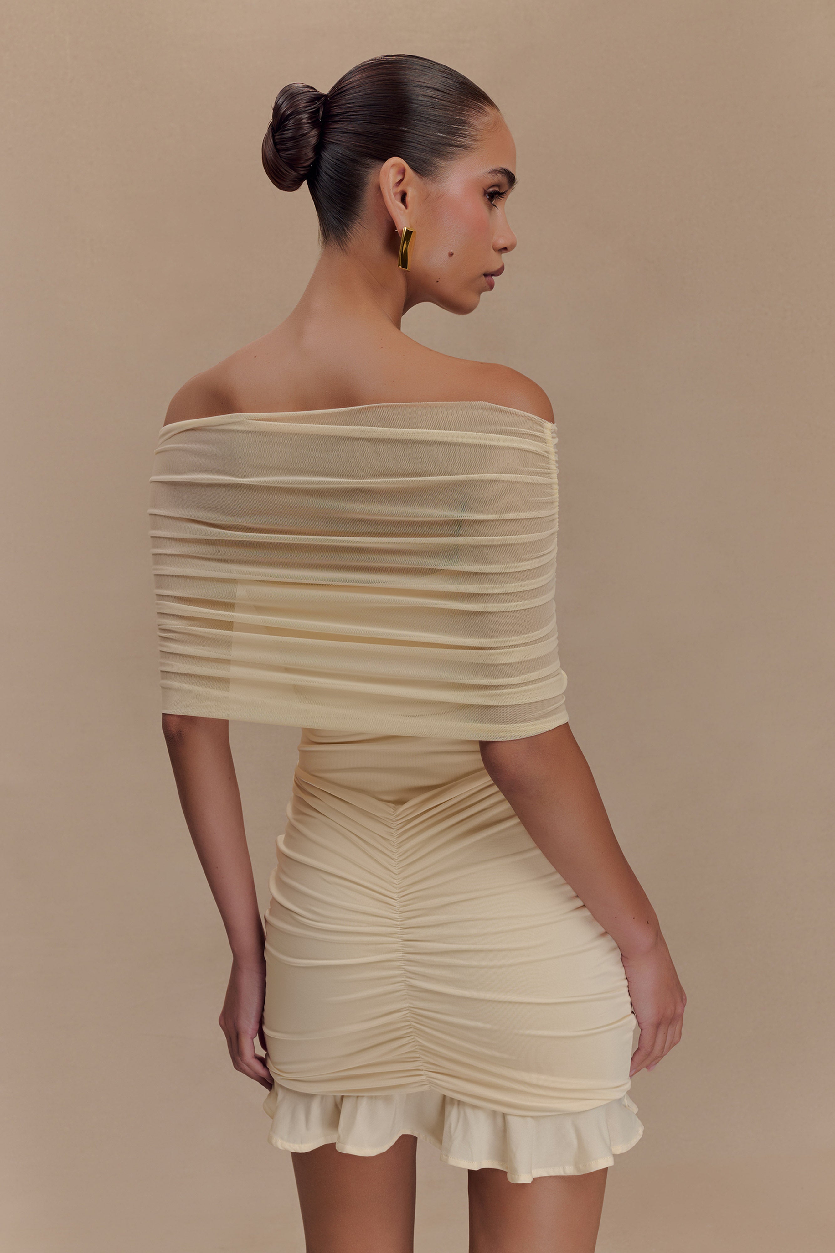 Caspian Slinky And Mesh Off Shoulder Mini Dress - Ivory、mySite、solidvoid