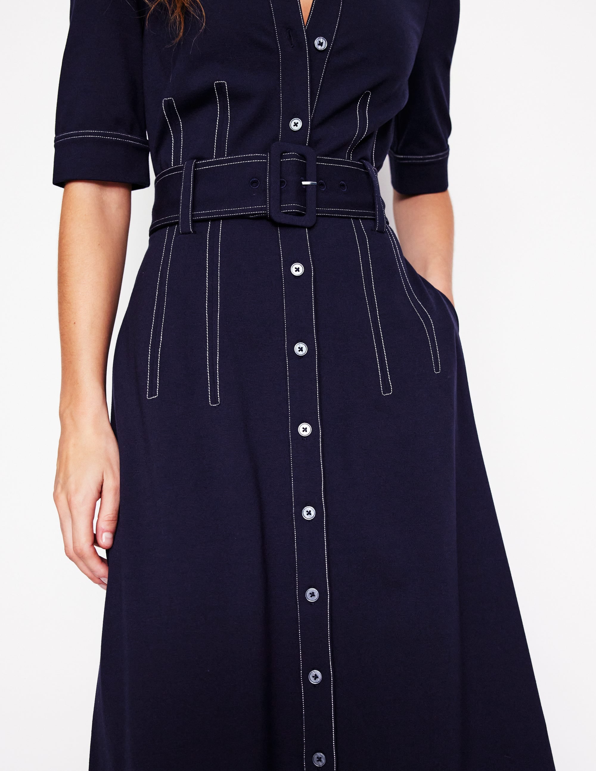  Belted Ponte Shirt Dress-Navy、mySite、ashleygrahame