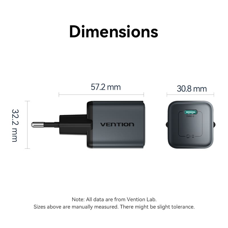 Vention 1-Port USB-C GaN Charger 20W EU-Plug、mySite、fannypackpong