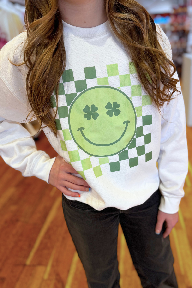 Clover Checkered Smiley Face Sweatshirt - Girls、mySite、hinf8tx79