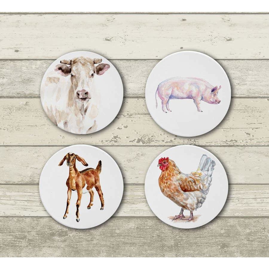 Watercolor Farm Animals Ceramic Coaster Set-Pig, Cow, Hen, Goat、mySite、g9winljtr