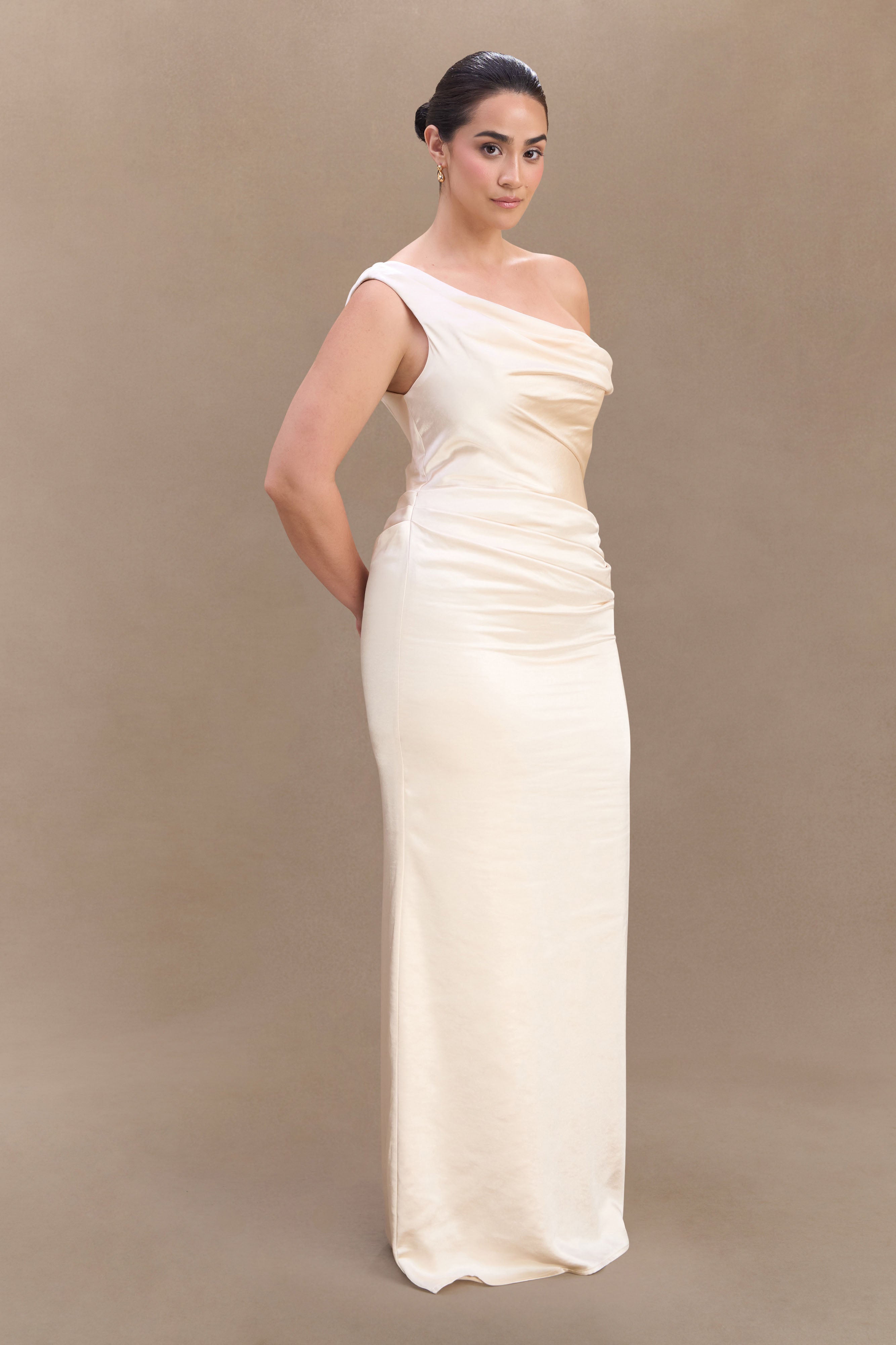 Dalia Off Shoulder Satin Maxi Dress - Blush Gold、mySite、solidvoid