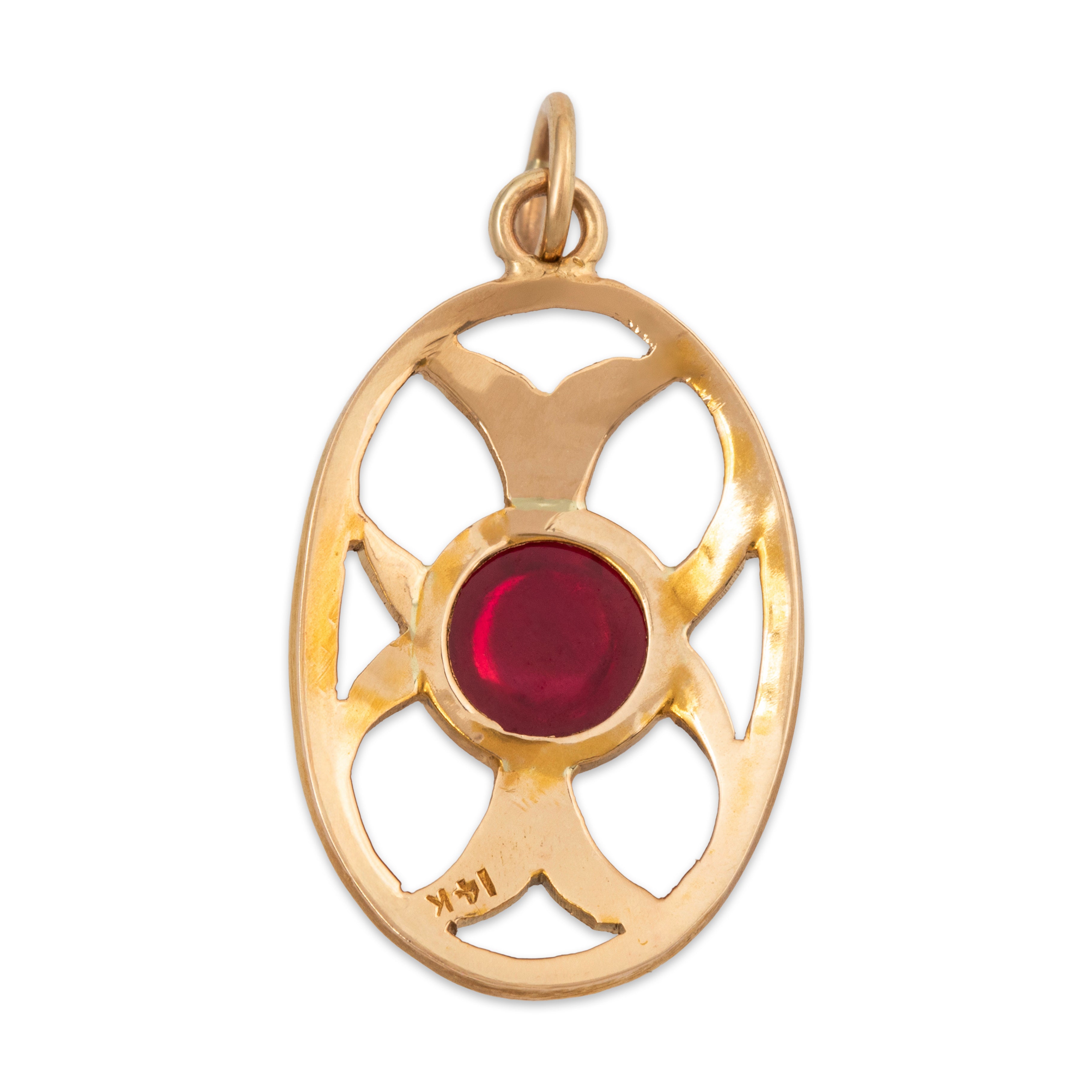 Antique 14k Yellow Gold 1.32ct Cabochon Synthetic Ruby Openwork Charm Pendant、mySite、hinf8tx79