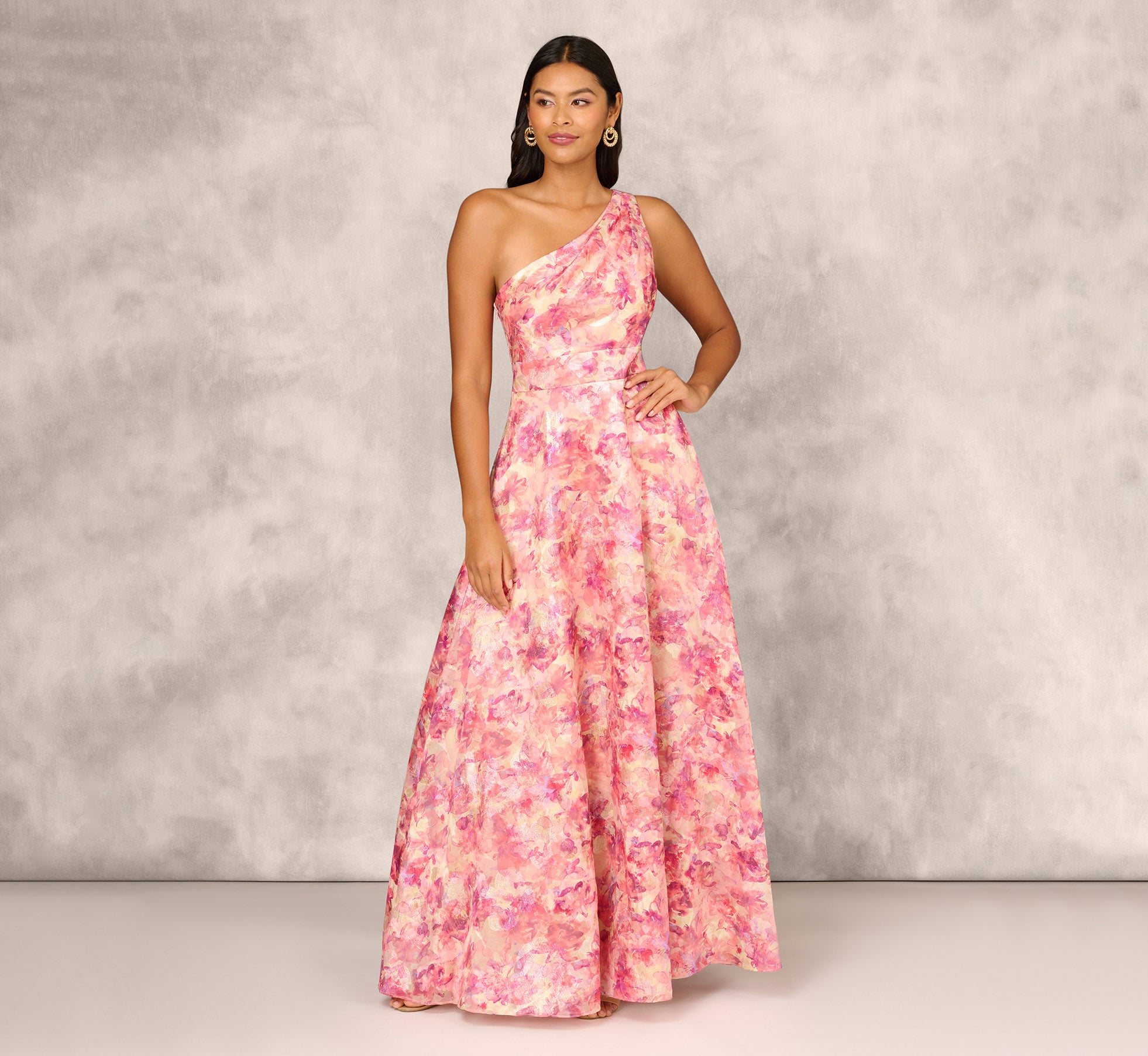 Printed Jacquard One Shoulder Ball Gown With Pleat Details In Red Multi、mySite、solidvoid