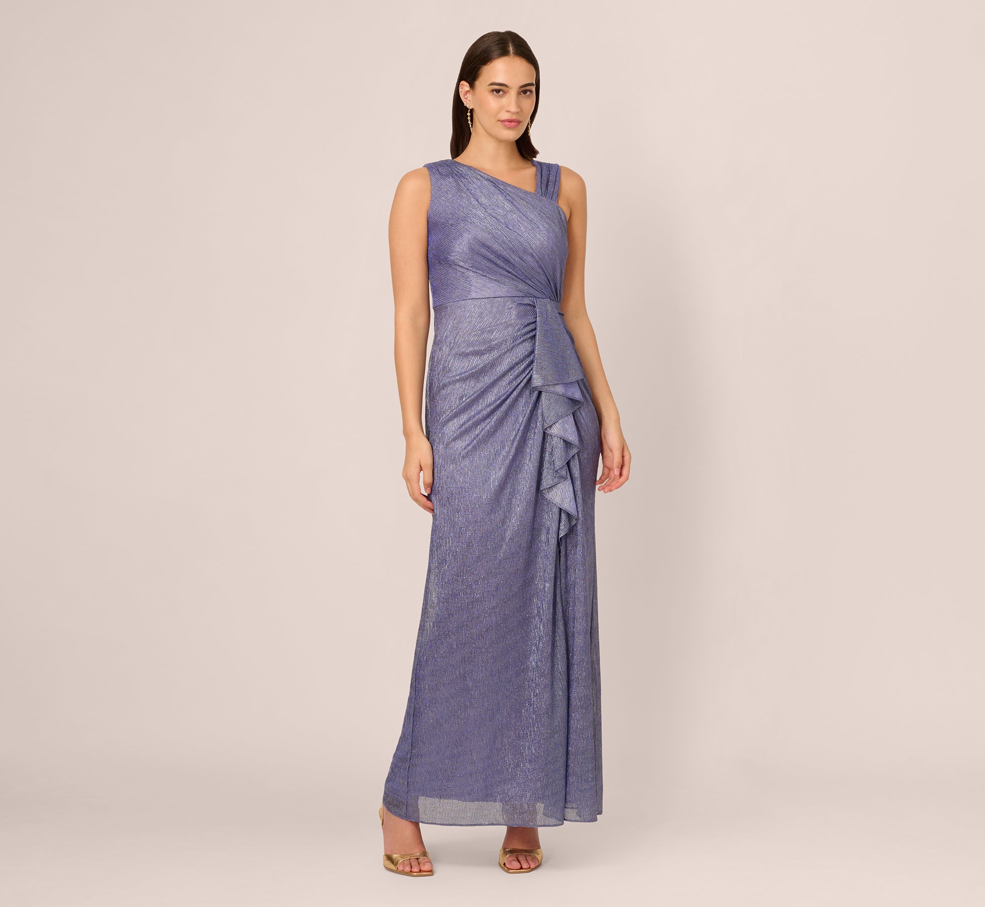 Draped Metallic Foil Long Dress In Peri Cruise、mySite、solidvoid