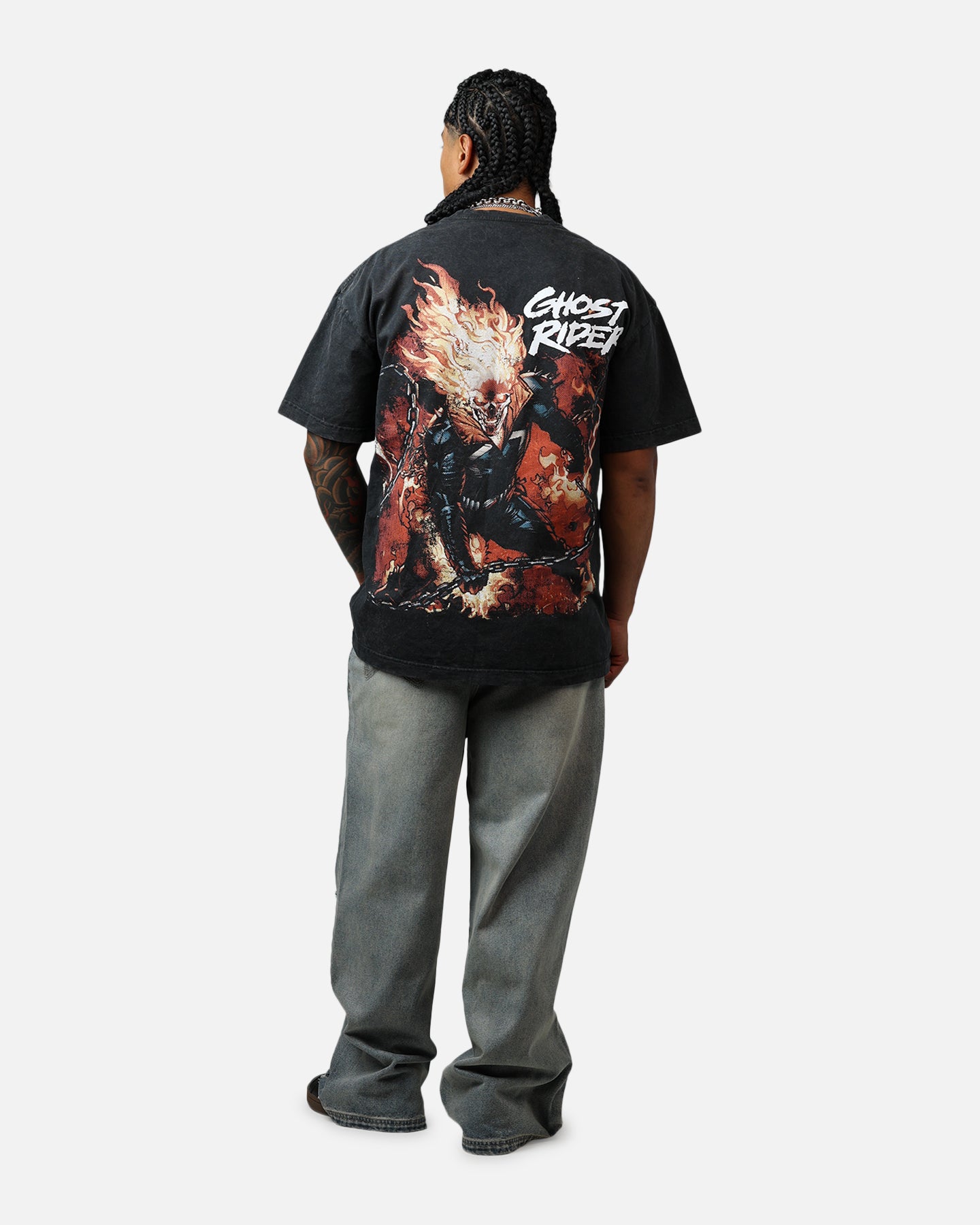 Goat Crew Marvel Ghost Rider Fire Vintage T-Shirt Black Acidwash、mySite、zt4zffjzw