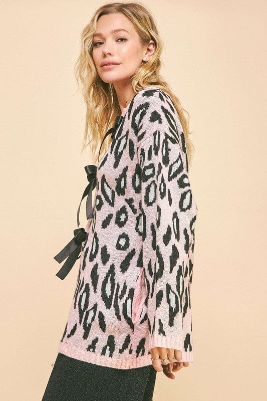 Davi & Dani Leopard Ribbon Tie Front Loose Fit Cardigan、mySite、camillekostekn