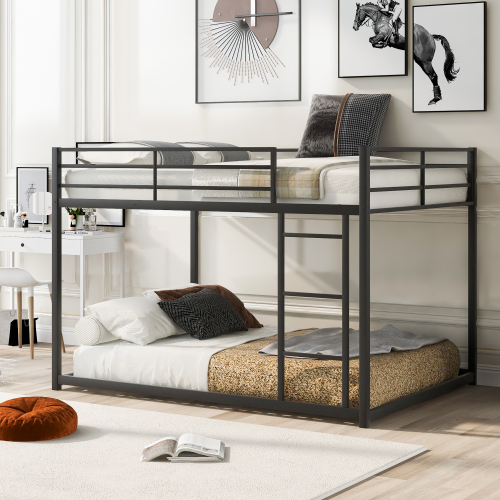 Full over Full Metal Bunk Bed, Low Bunk Bed with Ladder, Black(Old SKU:MF197034AAB)、、casual