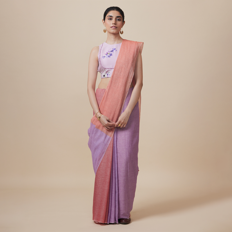 Cotton Printed Saree with Blouse | Orange & Purple、mySite、camillekostekn