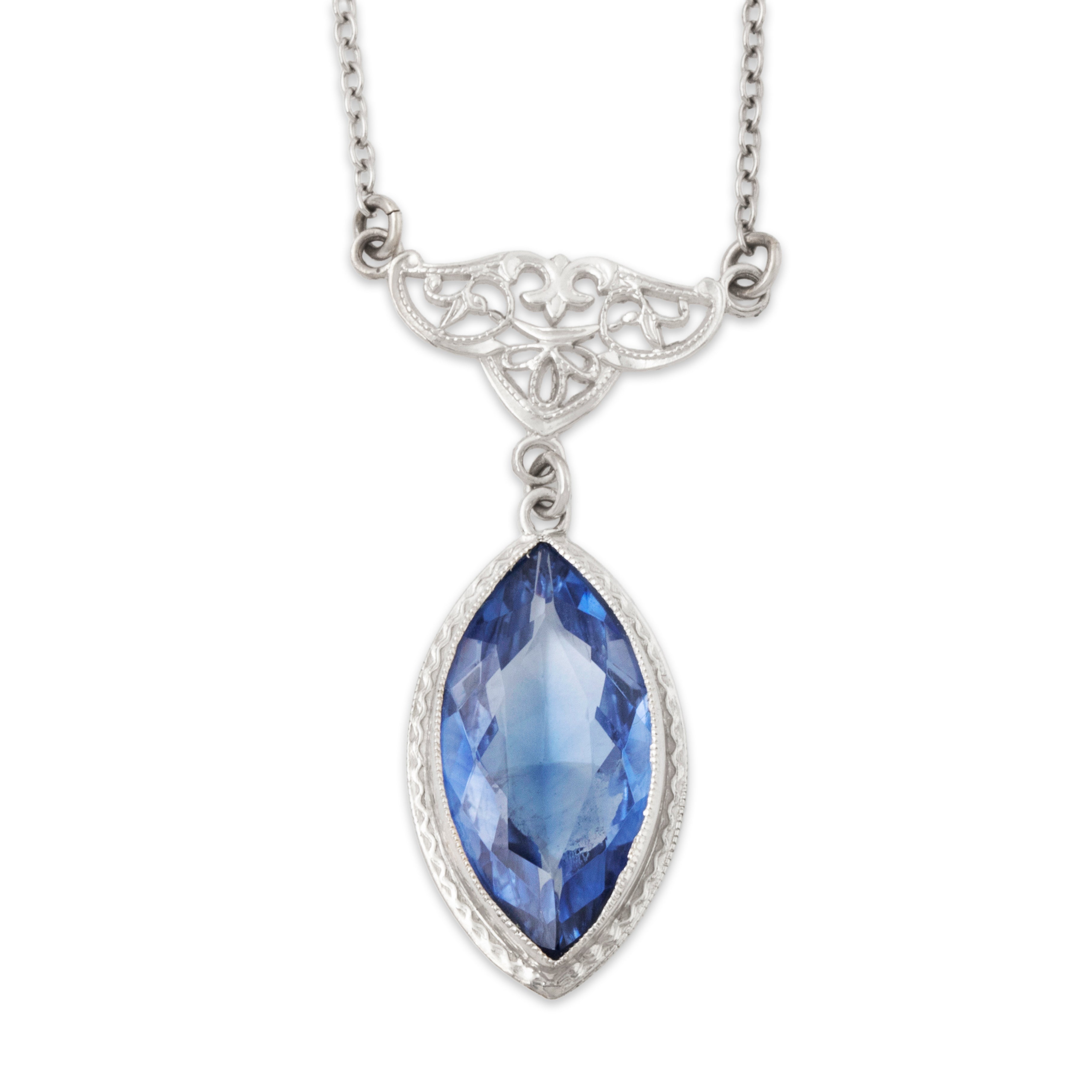 Antique Art Deco 10k White Gold Blue Synthetic Sapphire Lavalier Necklace 17、mySite、hinf8tx79