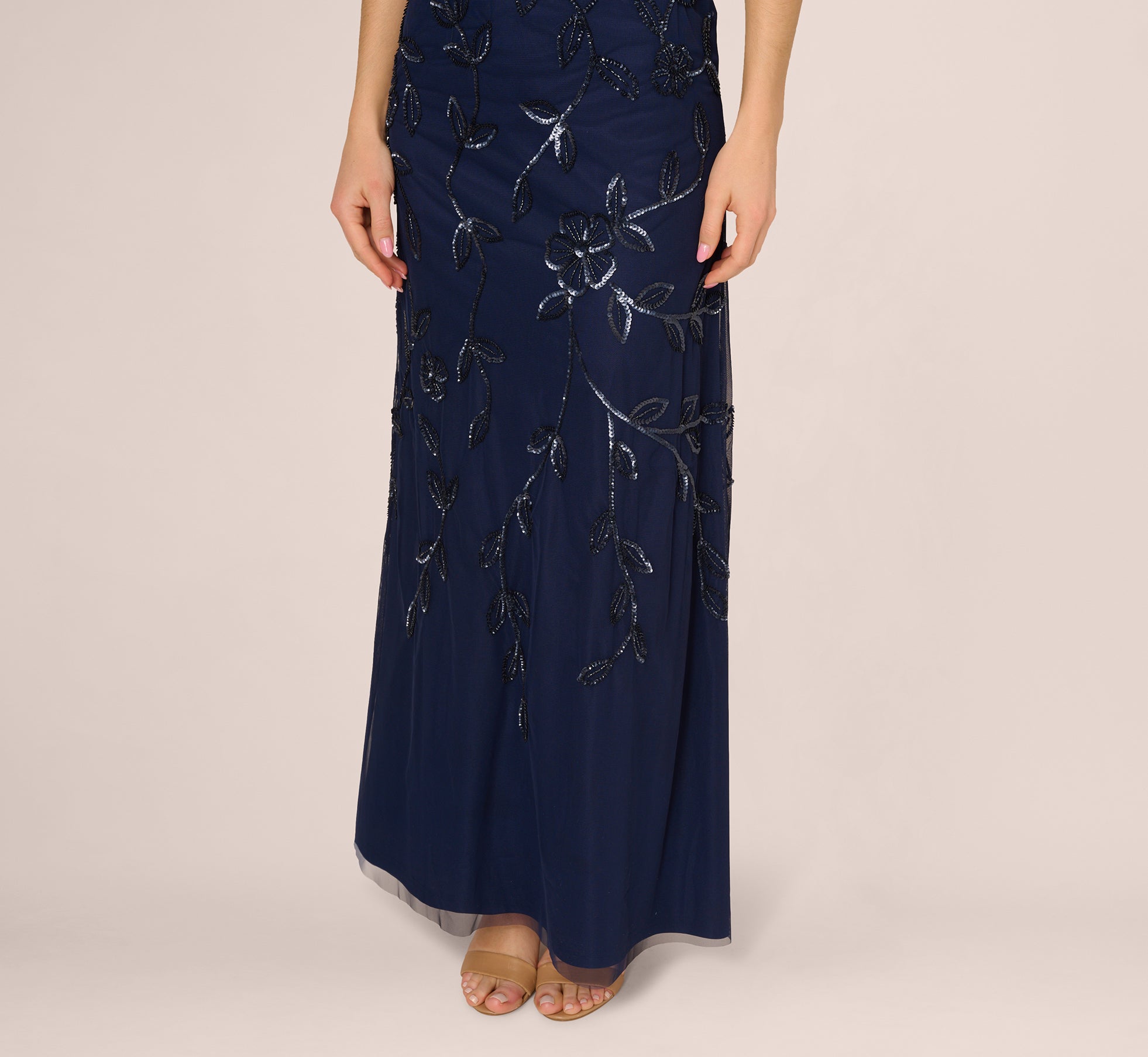 Sleeveless Blouson Mermaid Gown With Jasmine Beading In Light Navy、mySite、solidvoid