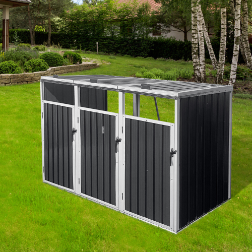 Garbage Bin Shed Stores 3 Trash Cans Metal Outdoor Bin Shed for Garbage Storage,Grey、、eastwooduniform
