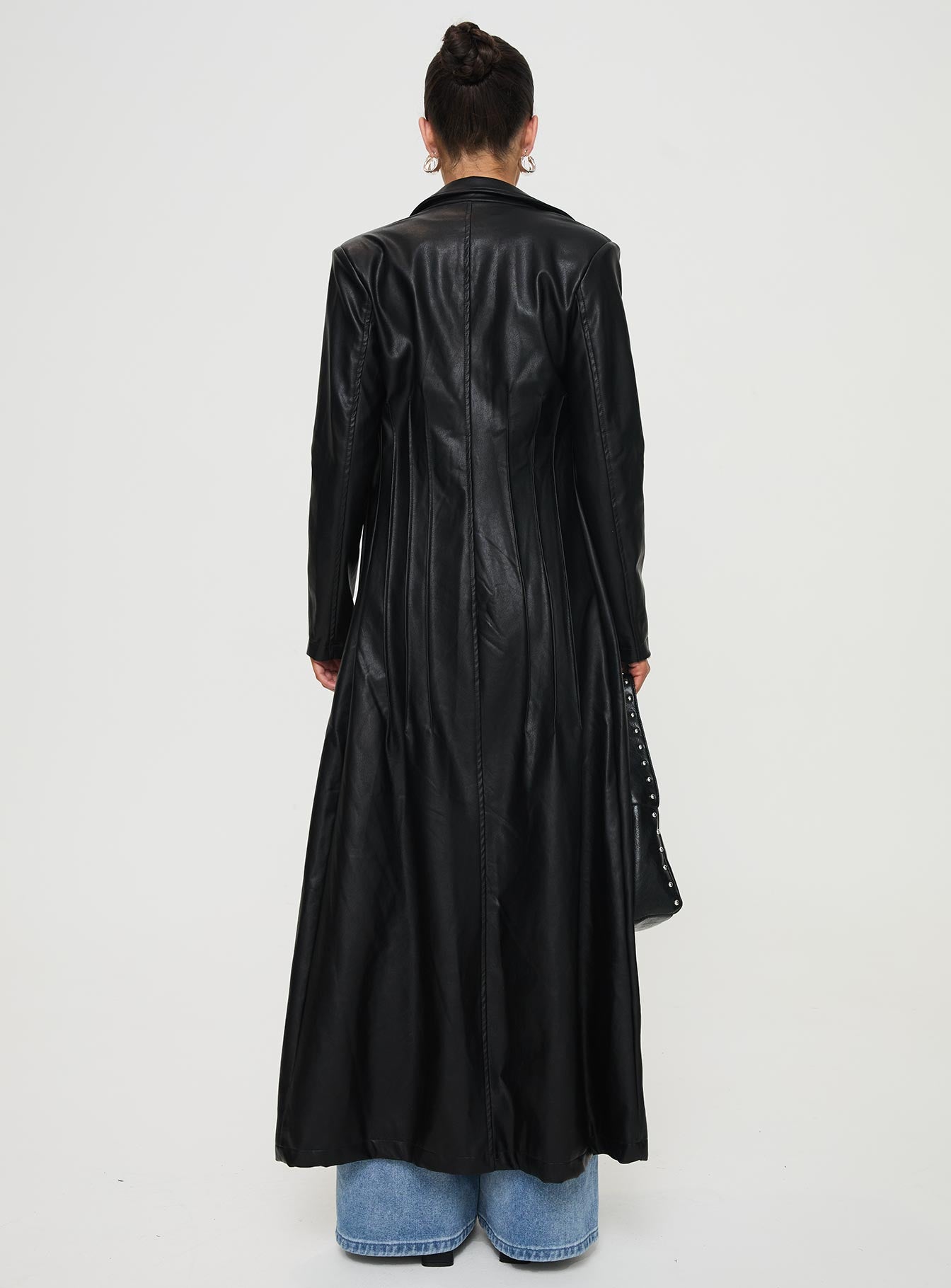 Speak Easy Long Line Faux Leather Coat Black、mySite、solidvoid