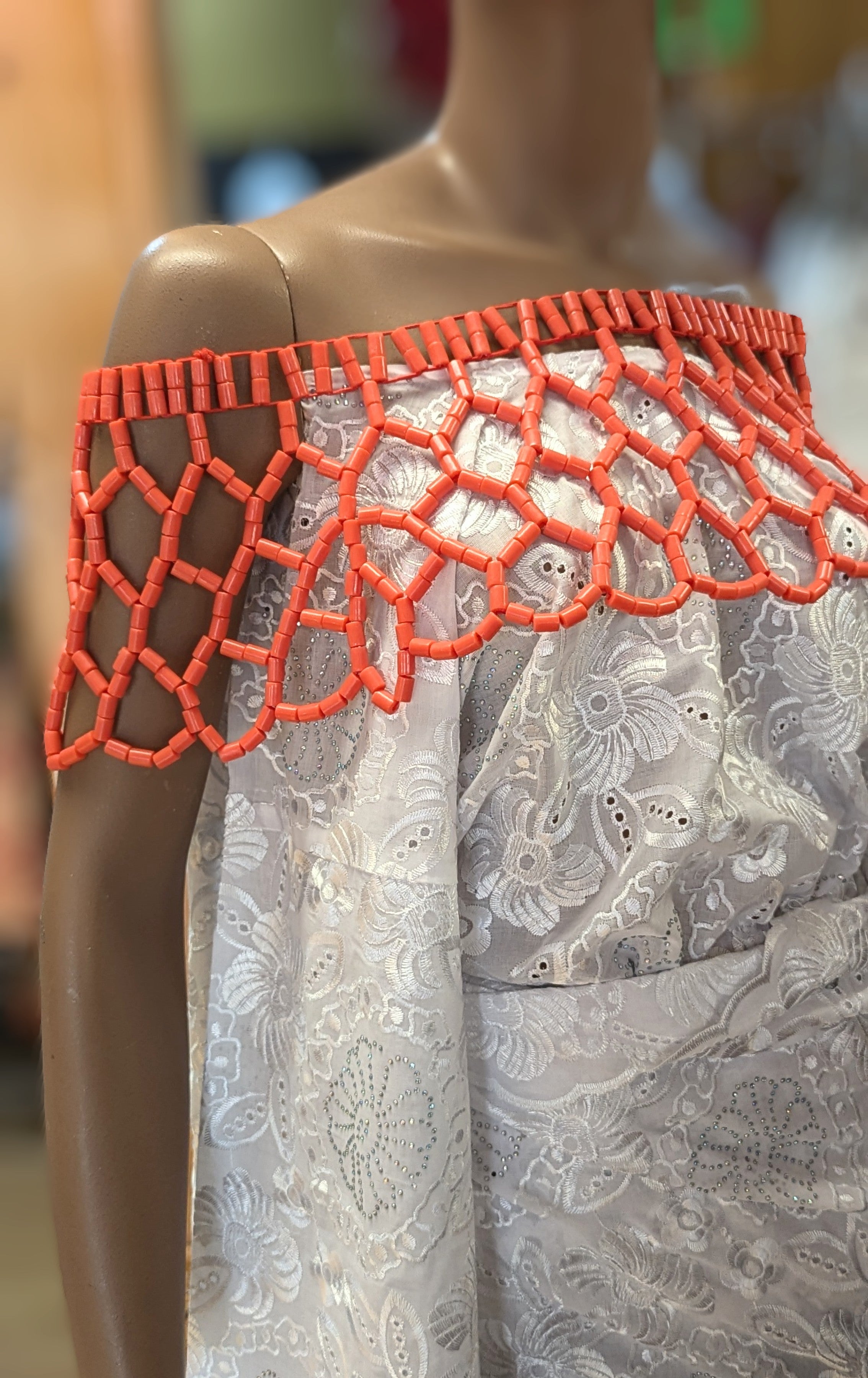 Dupsie's Chimamanda African Coral-Red Igbo Edo Sheer Bead Shoulder Shrug Crop Top Blouse DPASBCR22、mySite、solidvoid