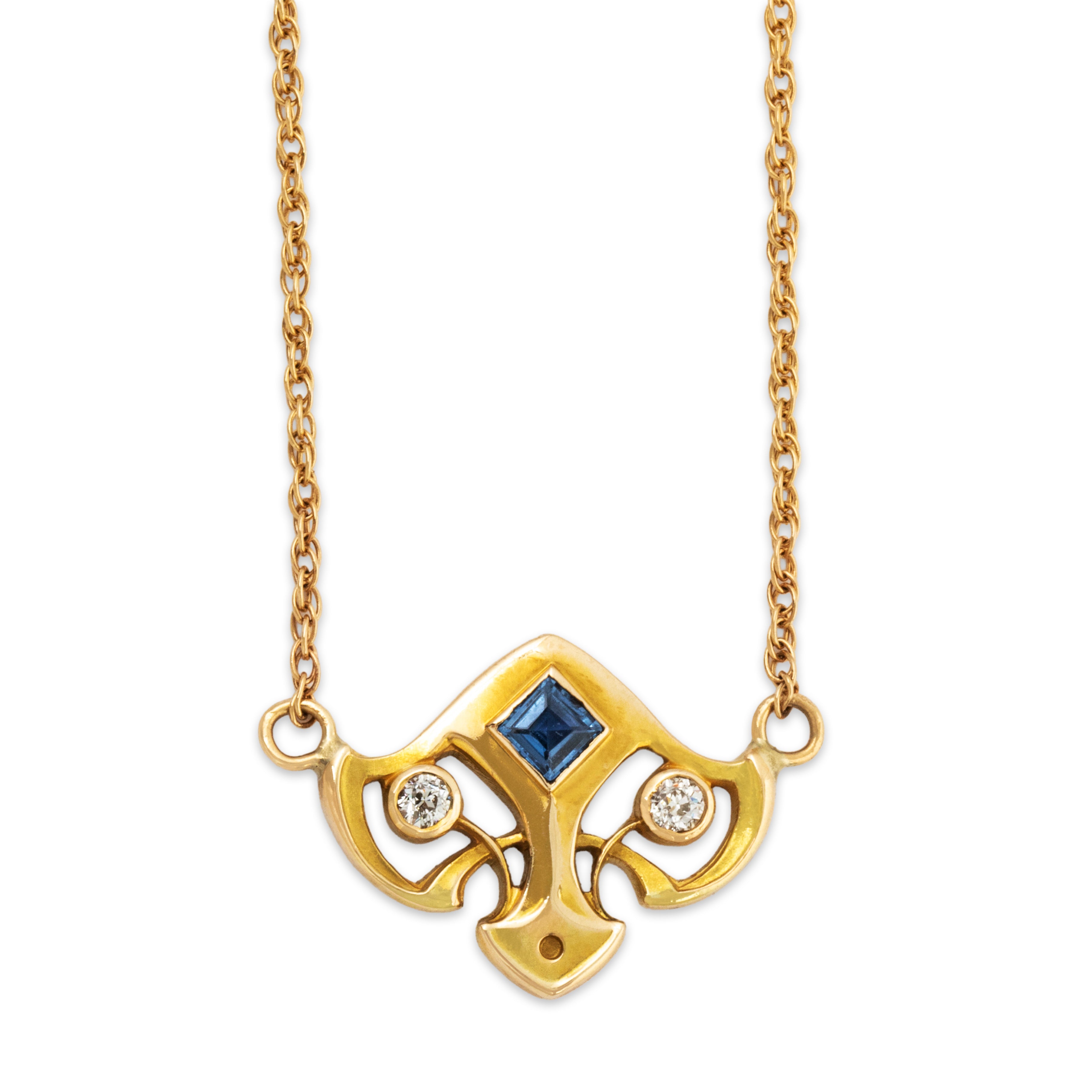 Antique 14k Yellow Gold Synthetic Sapphire Natural Diamond Necklace 17、mySite、hinf8tx79