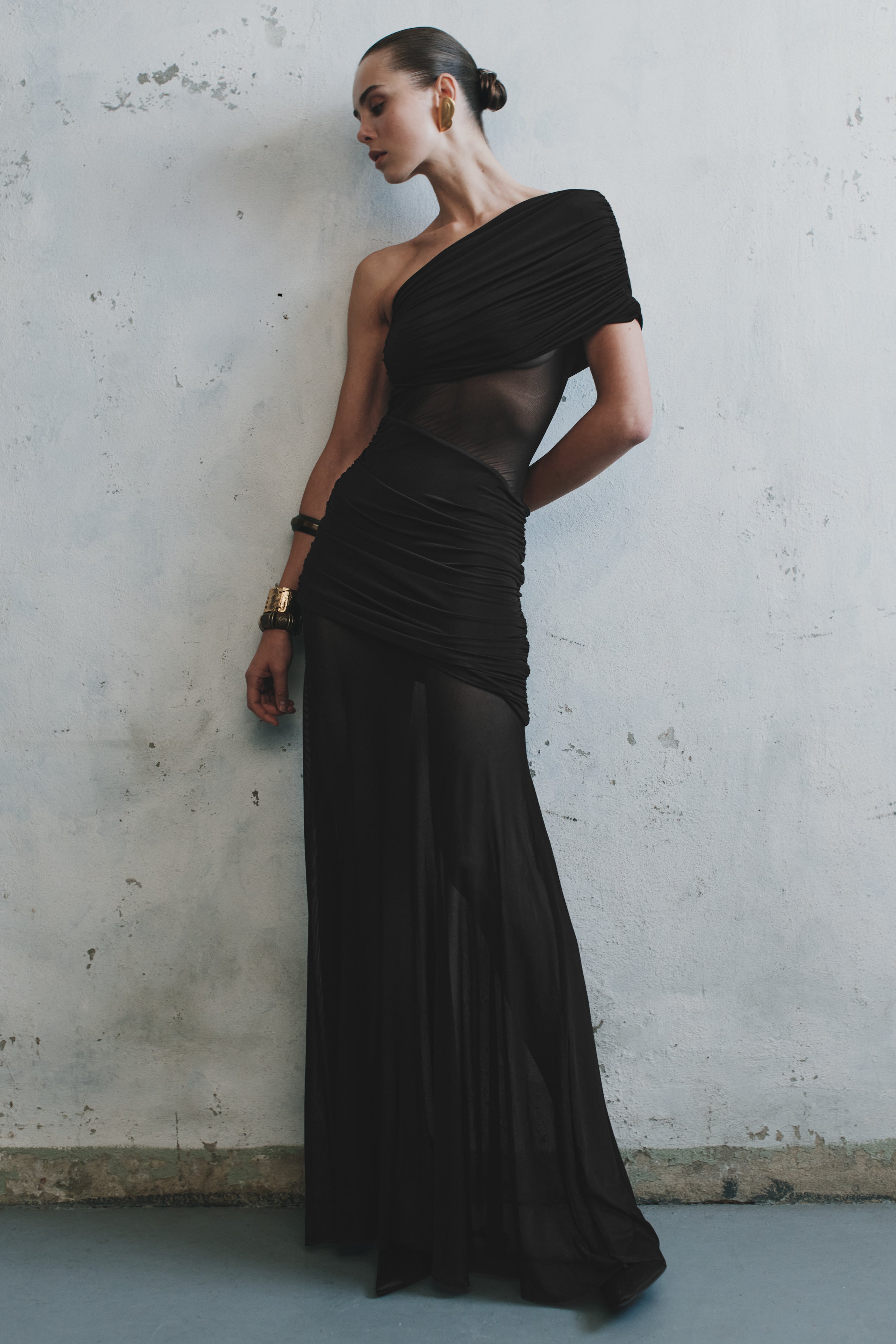 Dallas One Shoulder Mesh Maxi Dress - Black、mySite、solidvoid