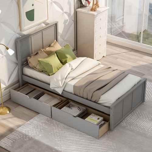 Platform Bed with Twin Size Trundle, Twin Size Frame, Gray、、casual