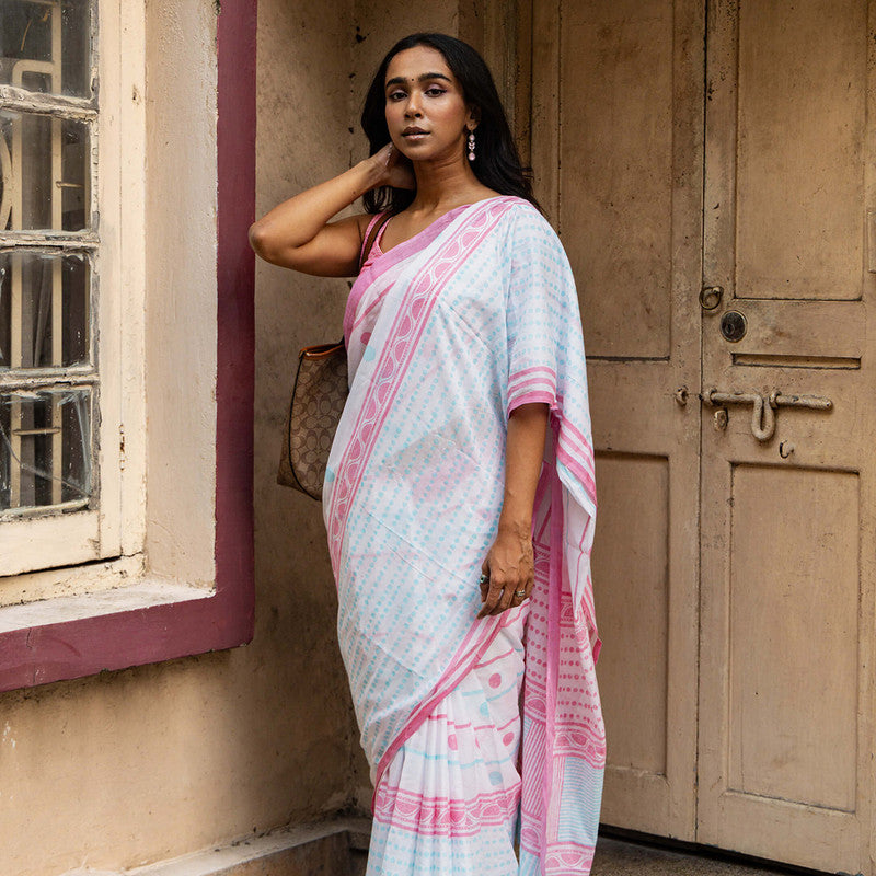 Cotton Saree | Hand Block Print | White & Blue、mySite、camillekostekn