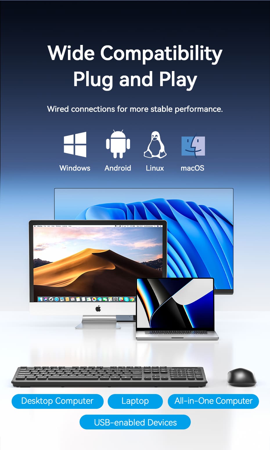 Wireless Full-Sized Keyboard and Mouse Combo with Mouse Pad Black Slim Type