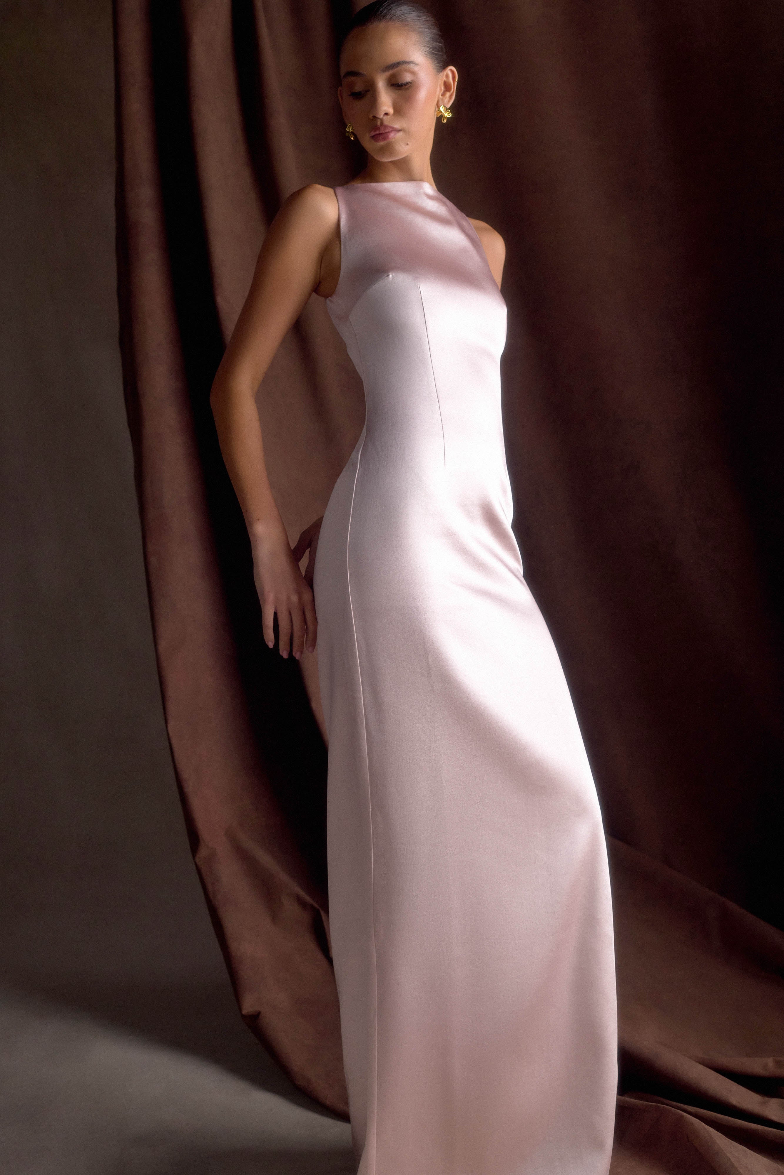 Violet Sleeveless Satin Maxi Dress - Soft Pink、mySite、solidvoid