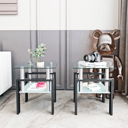 Set of 2, Modern Tempered Glass Tea Table Coffee Table End Table, Square Table for Living Room, Black、、casual