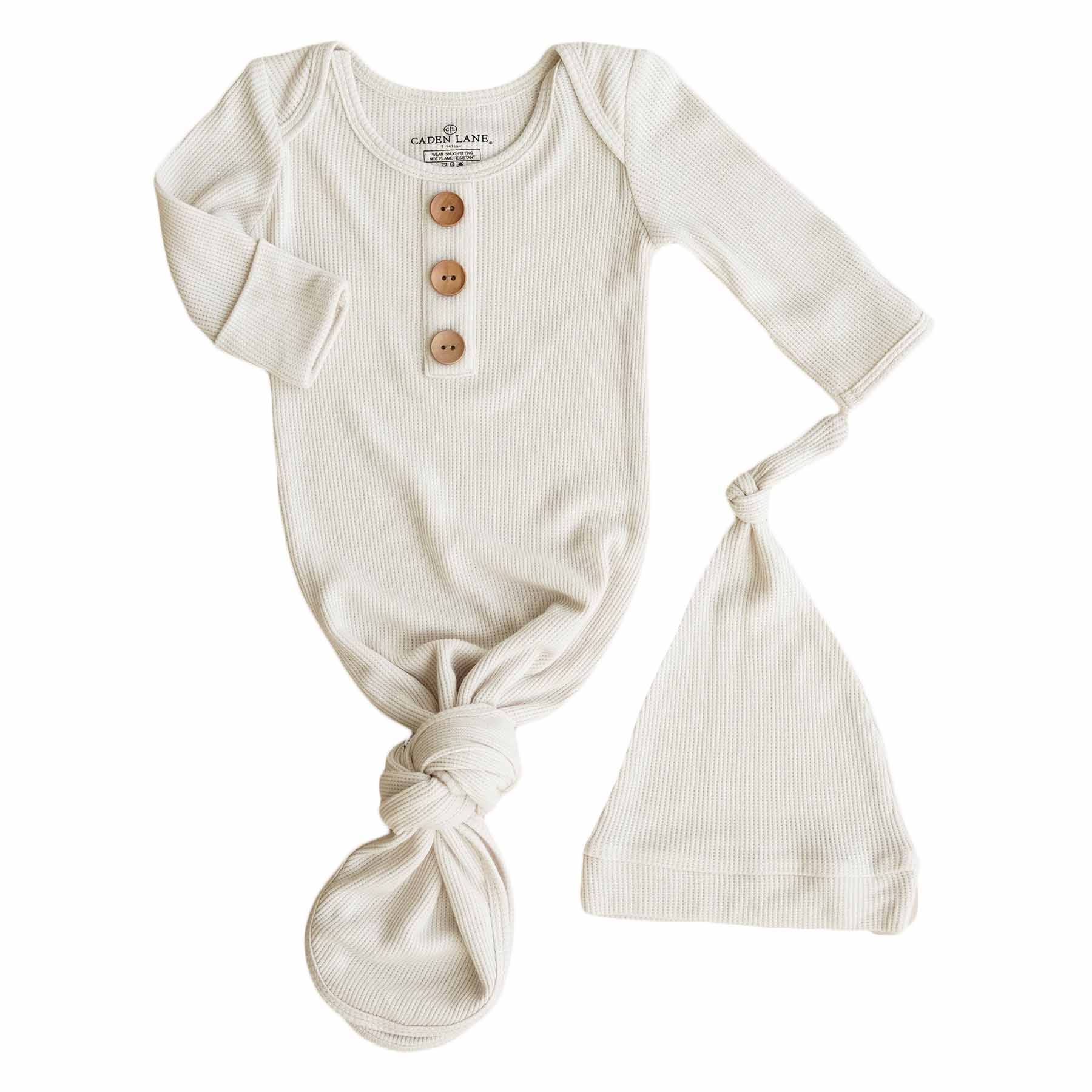  Eggshell Bamboo Waffle Newborn Baby Knot Gown & Hat Set、mySite、layawaytickets