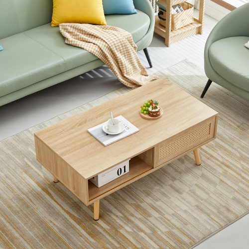 41.34" Rattan Coffee table, sliding door for storage, solid wood legs, Modern table for living room , natural、、casual
