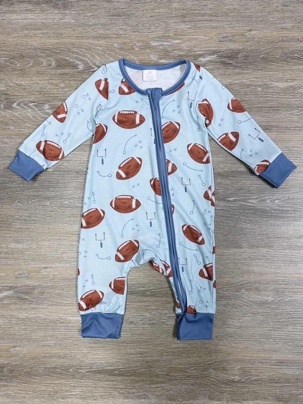 Game Day Football Light Blue Zip Up Baby Romper、mySite、camillekostekn