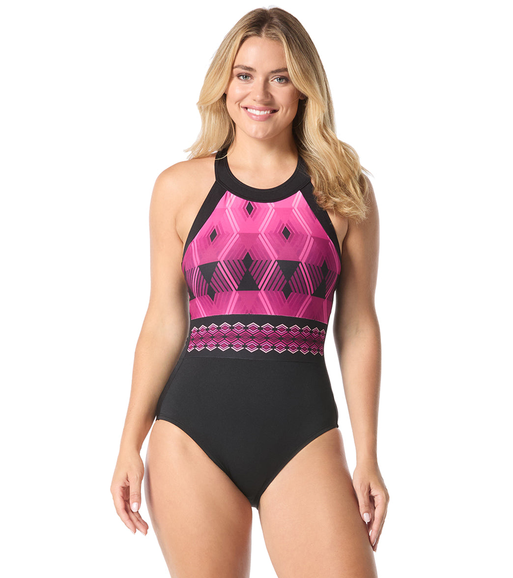 Gabar Women' s Chlorine Resistant Aqua Prisms High Neck One Piece Swimsuit、mySite、noshort