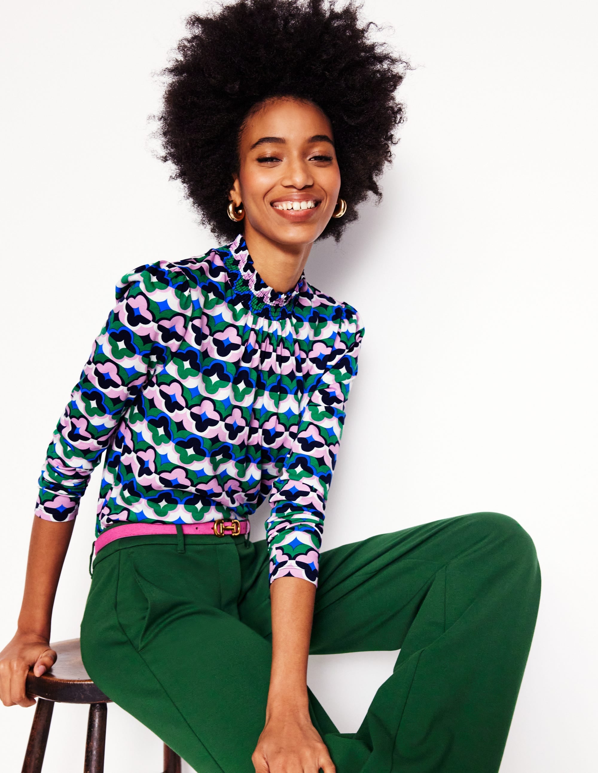  Smocked Neck Printed Top-Rich Emerald, Lucky Clover、mySite、ashleygrahame