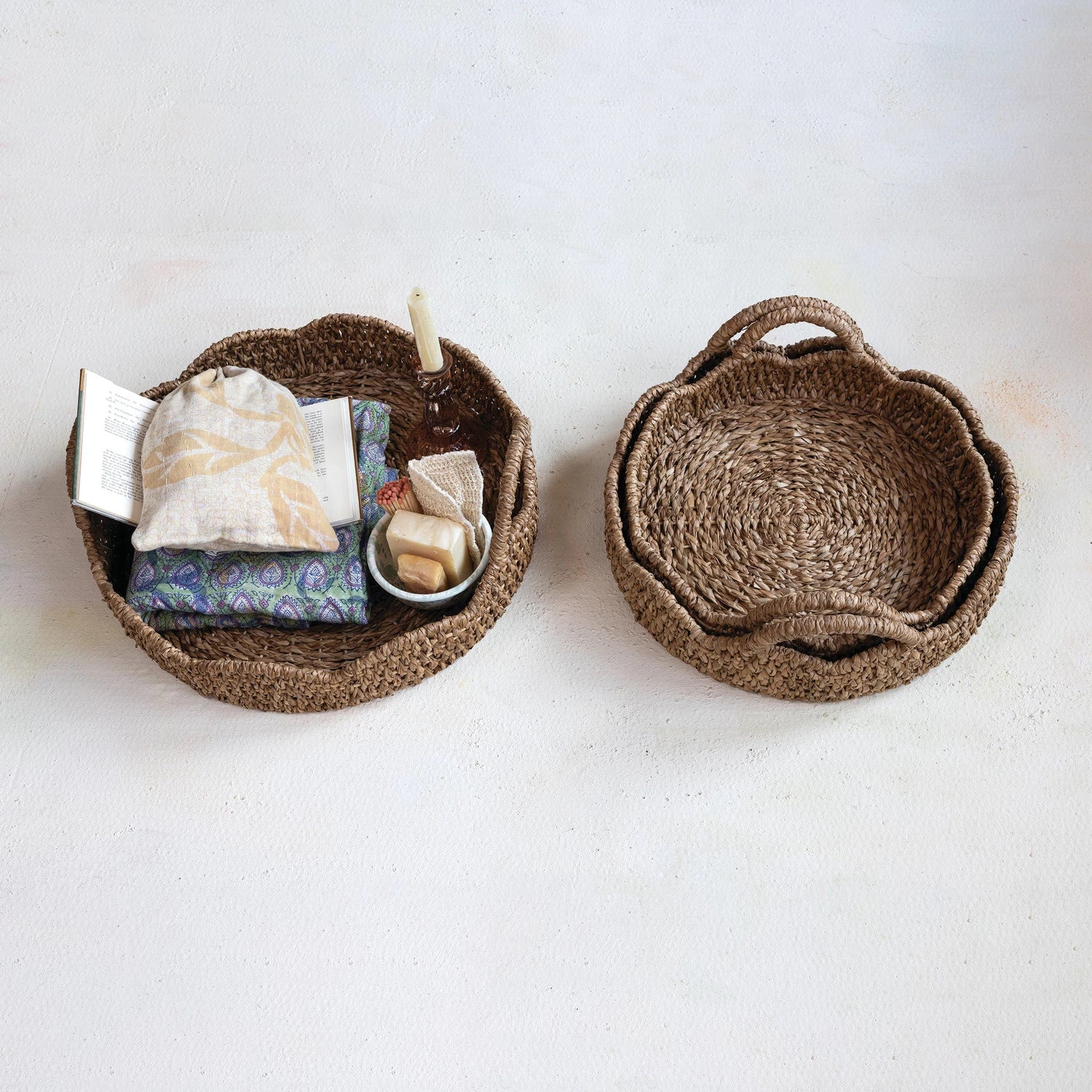  Braided Bankuan & Rattan Trays w/ Scalloped Edge & Handles, Set of 3、mySite、elrpsem3k