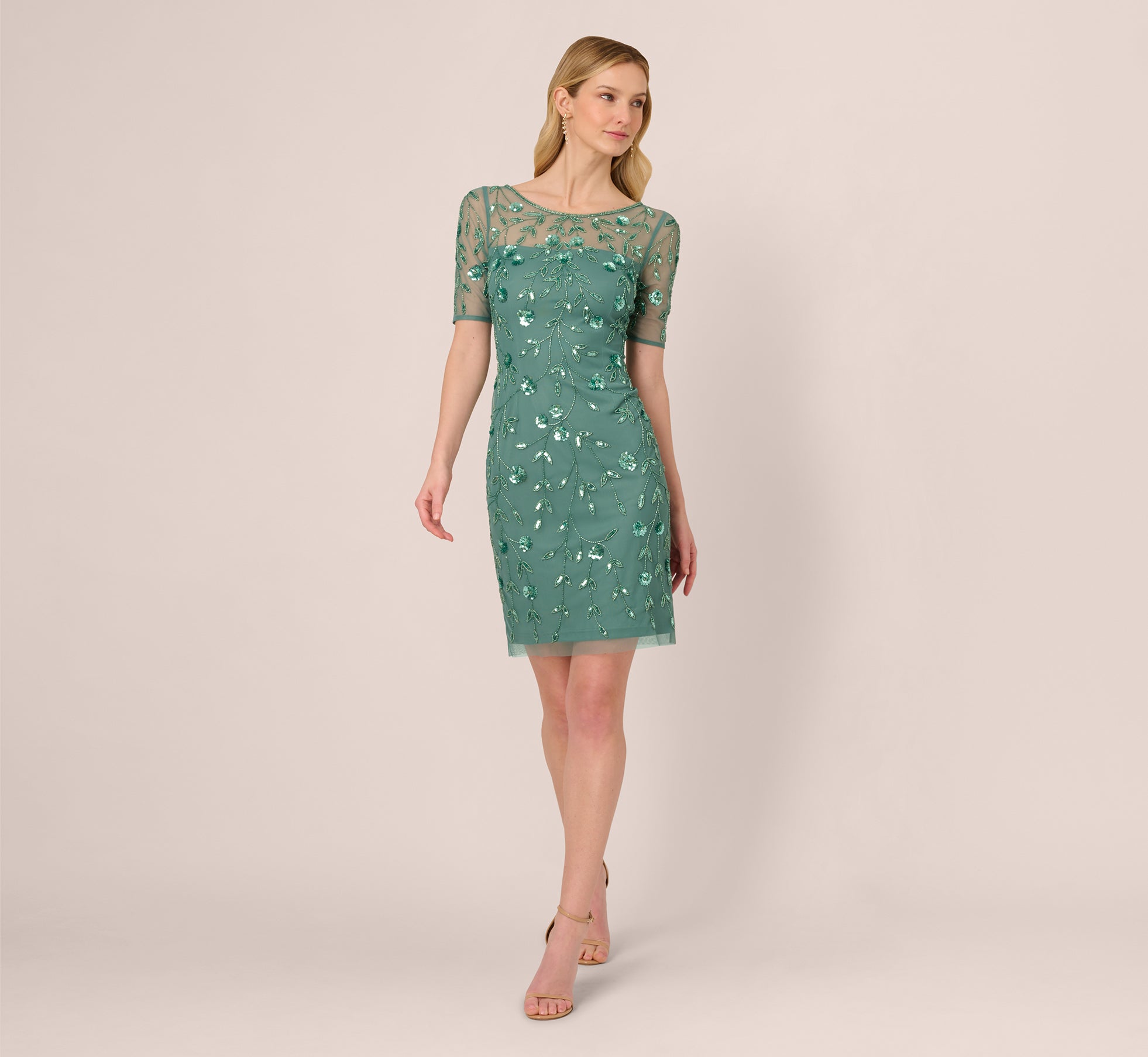 3D Floral Beaded Dress With Sheer Short Sleeves In Green Slate、mySite、solidvoid
