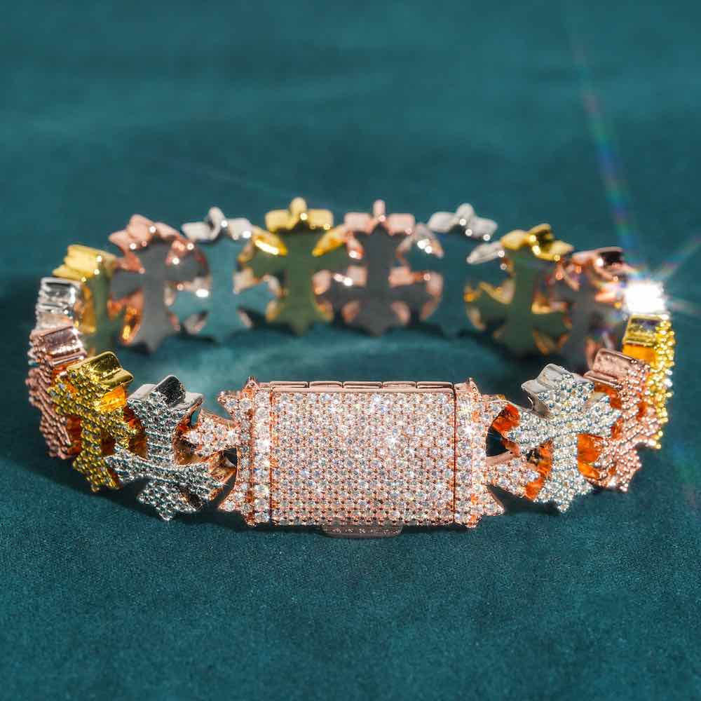 16MM Moissanite Cross Link Bracelet 14K Tri Tone、mySite、hinf8tx79