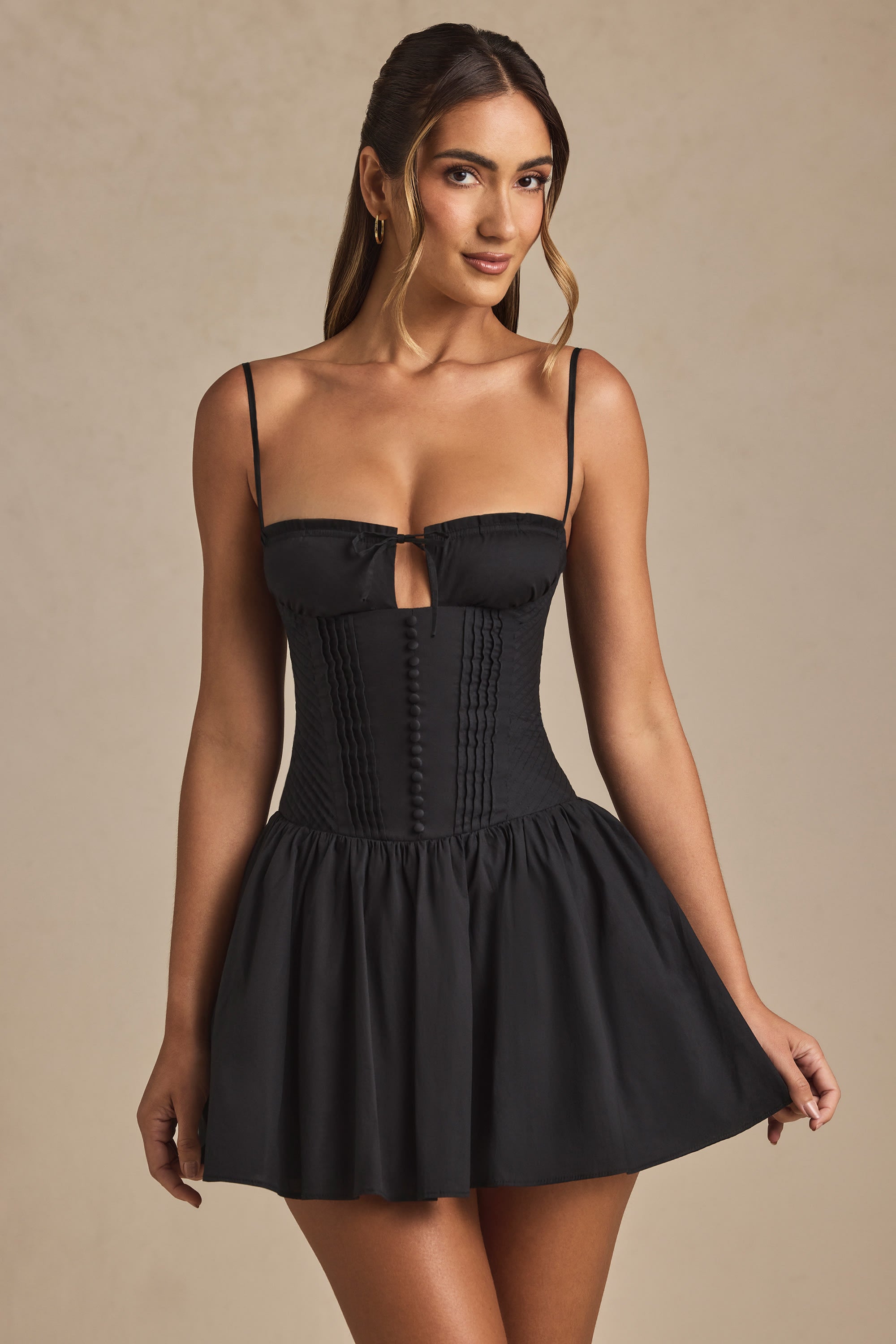 Pintucked Shirred Mini Dress in Black、mySite、solidvoid