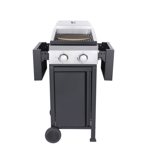 2-Burner Propane Gas BBQ Grill, Pizza Box, 24600BTU Output With Wire Enamel Cooking Grids For Outdoor Barbecue, Foldable Side Table, Hanging Basket, Stainless Steel、、eastwooduniform